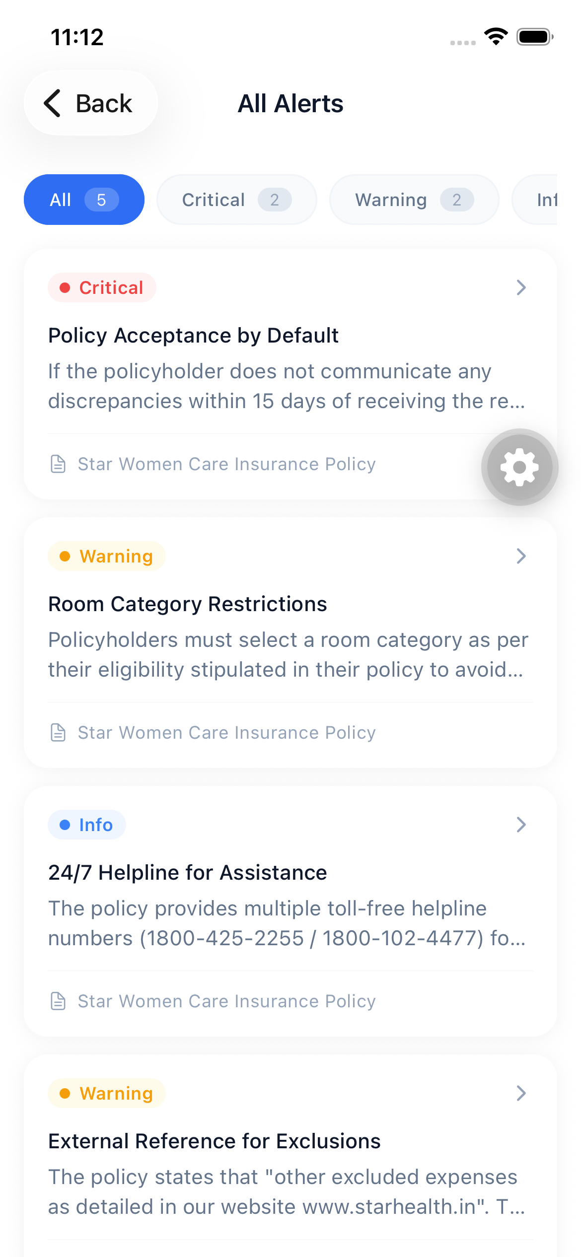 Alerts screen showing critical policy findings