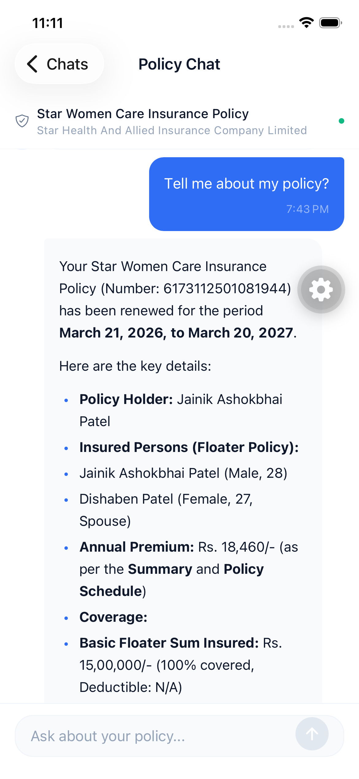 AI chat about policy coverage