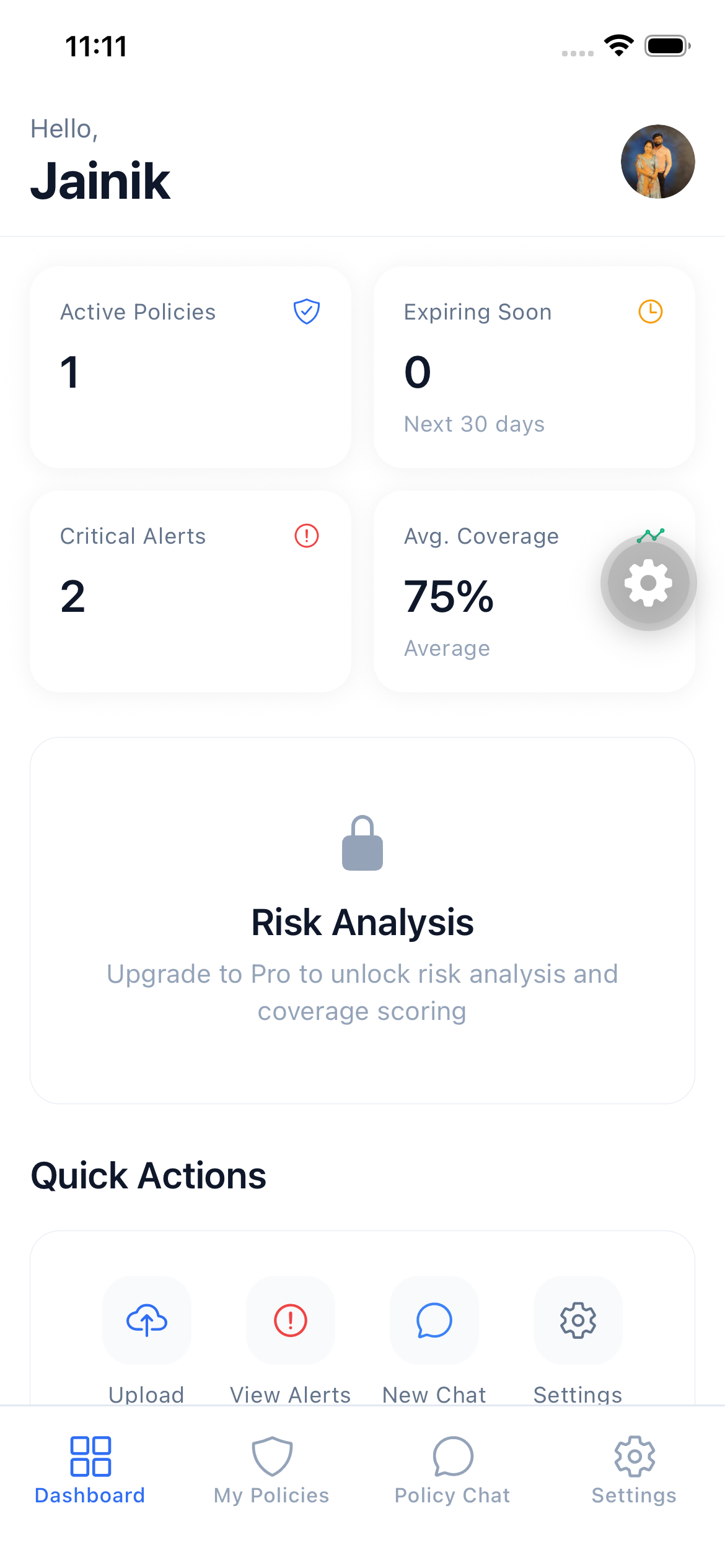Explain My Policy dashboard showing policy overview, coverage score, and risk alerts